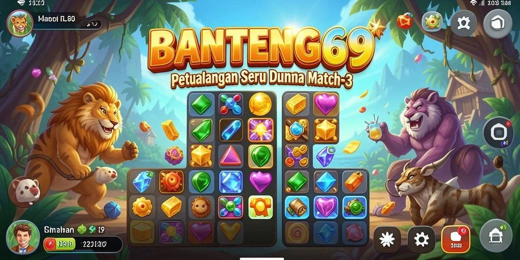 Tampilan gameplay seru BANTENG69 dengan elemen Match-3 yang berwarna-warni.