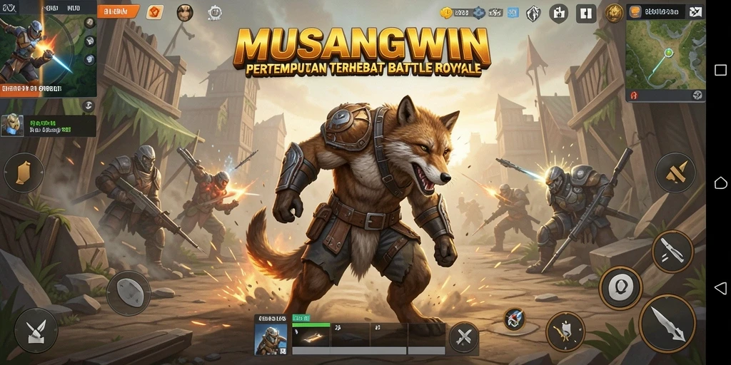 Tampilan gameplay mendebarkan di MUSANGWIN dengan pertempuran seru Battle Royale.