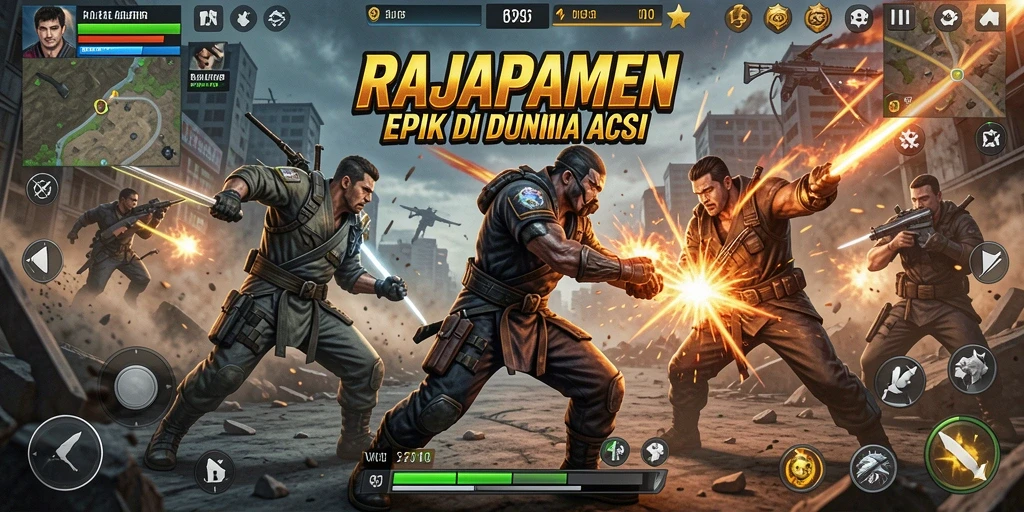 Tangkapan layar RAJAPAMEN menunjukkan aksi pertarungan yang intens dan dinamis.