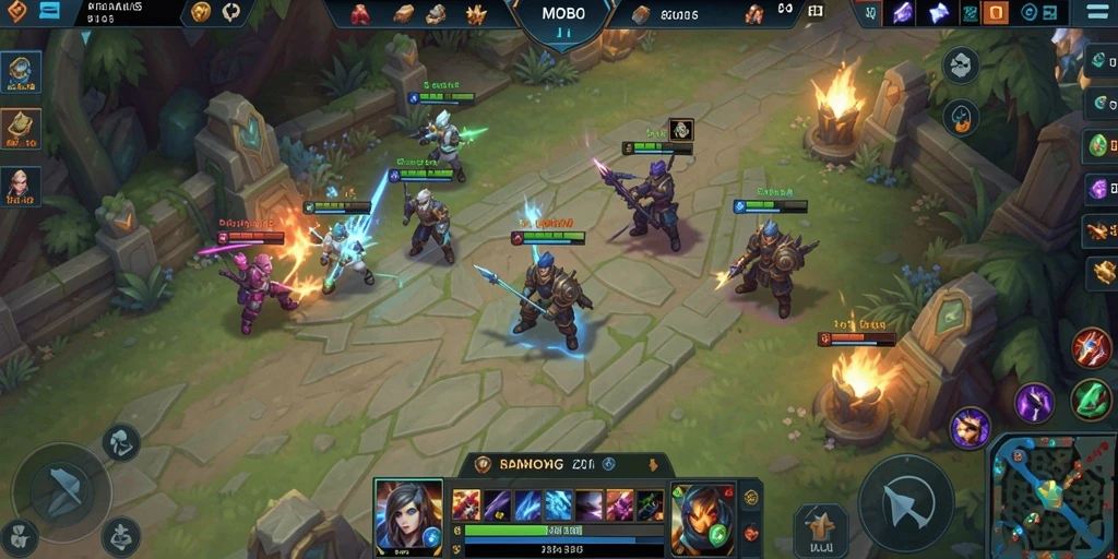 Screenshot V21 menampilkan pertempuran seru dalam gameplay MOBA.
